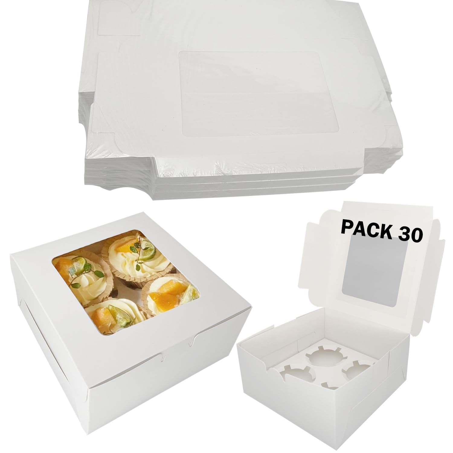 JinPhon Set of 30 Cupcake Boxes with White Window - Perfect for Pastries, Cakes, Takeaway Boxes - 16 x 16 x 7.5 cm,Green,white
