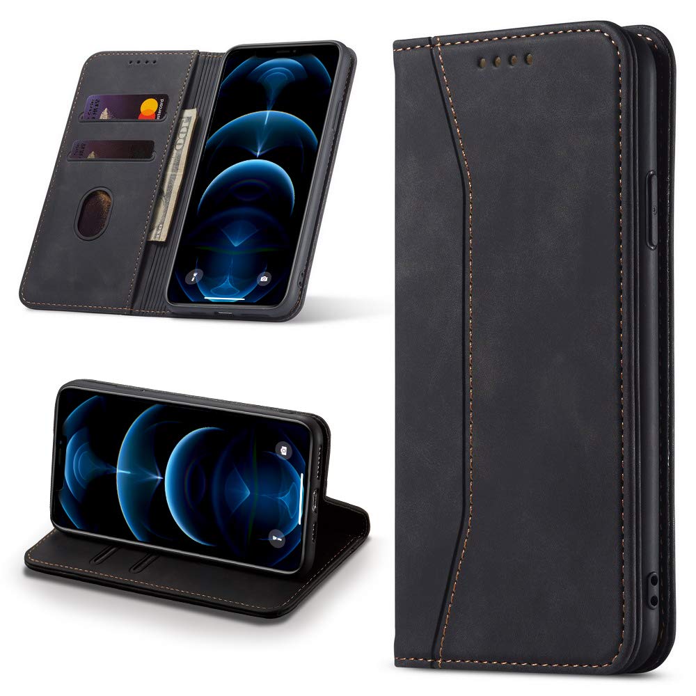Leaisan Leather Case For iPhone 12/iPhone 12 Pro, Premium PU Leather Wallet With [Kickstand] [Card Slots] [Magnetic Closure] Flip Folio Book Cover Shockproof Full Protection - Black