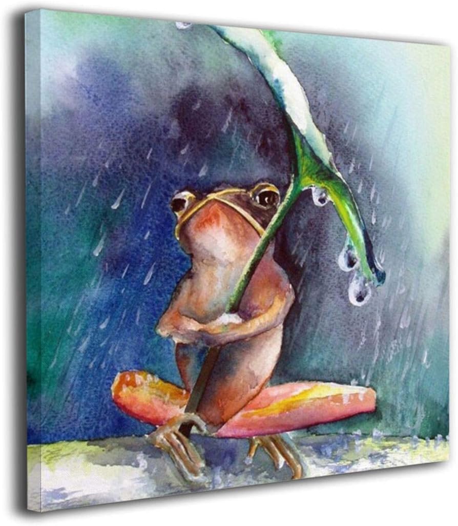 Amazon King Duck ウォールアート 絵画 水彩 動物 カエル 雨 絵画 プリント キャンバス アートワーク 枠張り 装飾 リビングルーム バスルーム 寝室 ホームデコレーション 16 X16 ホワイト Kduck Zshz アートフレーム ポスター オンライン通販