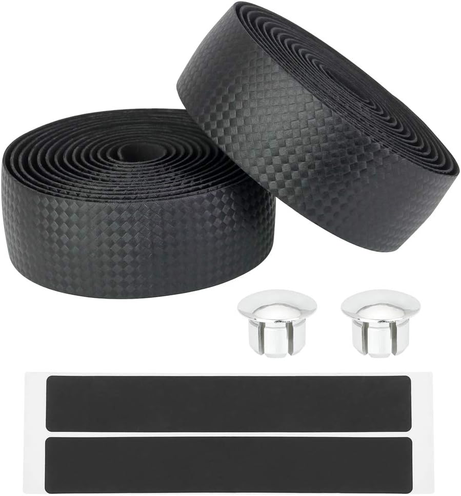 DECARETA 2 Rolls EVA Road Bike Handlebar Tape+2 PCS End Plugs And Self-Adhesive Stripes,Cycle Tape for Road Bike Mountain Bikes BMX Bikes PU Leather Anti-Slip Road Bicycle Handlebar Tape-Black