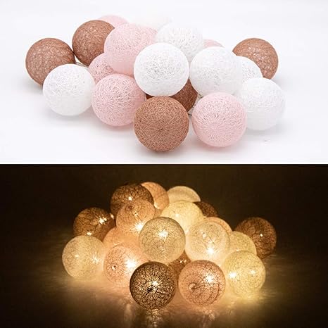 Tronje 20 LED Lichterkugeln 6cm 4h-Timer fertig montierte 3,8m Lichterkette Baumwollkugeln Batteriebetrieben Braun-Rosa