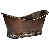 Premier Copper Products BTN67DB 67-Inch Hammered Copper Double Slipper Bathtub with Scroll Base and Nickel Inlay, Oil Rubbed 