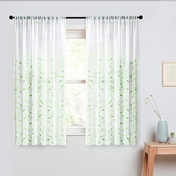 Mrtrees Sheer Curtains 45 Inches Long Living Room Bedroom Short Curtains Kitchen Curtain Panels Leaves Embroidery Window Treatment Rod Pocket Drapes 2