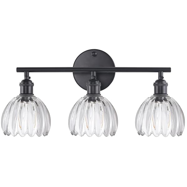 SHENMOYL BATHROOM LIGHT FIXTURES, 3-LIGHT BLACK VANITY WALL LIGHT OVER MIRROR WITH CLEAR TULIP GLASS SHADE FOR BEDROOM LIVING ROOM (BULB NOT INCLUDED)