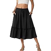 FREEOAK Skirts for Women High Waisted Tiered A Line Midi Skirt Knee Length Summer Skirts Drawstring with Pockets