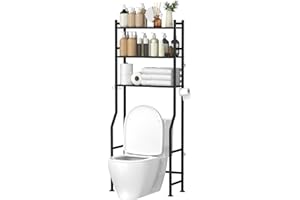 GloTika 3-Tier Over The Toilet Storage, Space Saver Metal Bathroom Shelves, Freestanding Above Over Toilet Storage Shelf with 4 Hooks for Bathroom, Black