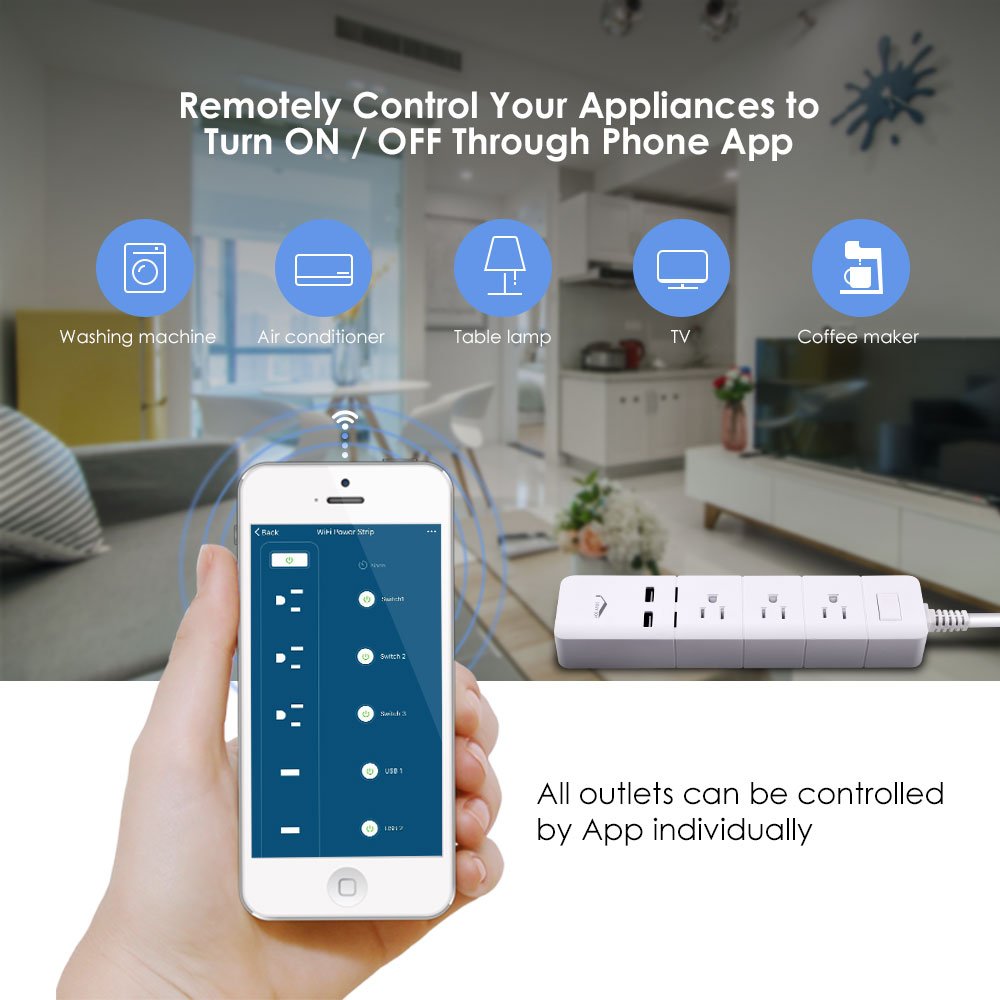 WiFi Smart Power Strip For Alexa, JolyJoy WiFi Surge Protector For Echo/Dot/Google Home/Mini, Voice Control And App Wireless Remote Control Each Outlet Plug & USB Port, 125V, 15A, 1875W (White)