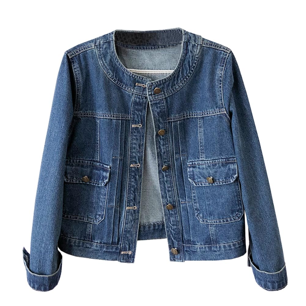Photo 1 of BlueFire2015 Women’s Collarless Long Sleeve Denim Jacket Round Neck Button Down Jean Jackets (US, Alpha, X-Large, Regular, Regular, dark blue)