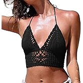 Crochet Halter Tops for Women Backless Camisole Knit Bra Tops Bralette Summer Beachwear
