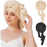 Silk Satin Bonnet for Sleeping, Sleep Cap with Elastic Tie, Curly Hair Wrap Cap for Women, Silky Night Accessories (Black Gold)