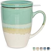Bosmarlin Ceramic Tea Cup with Infuser and Lid, 13.5 Oz, 5 Colors to Choose, Dishwasher and Microwave Safe, Steeping Tea Mug with Strainer, Reactive Glaze (Green)
