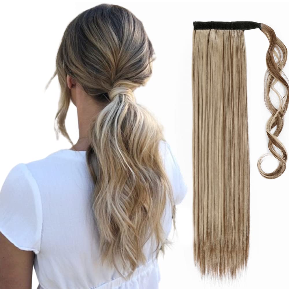 23" Long Straight Wrap Around Ponytail Clip in Hair Extensions One Piece Hairpiece Magic Tape in Pony Tail Extension for Women Light Brown & Ash Blonde