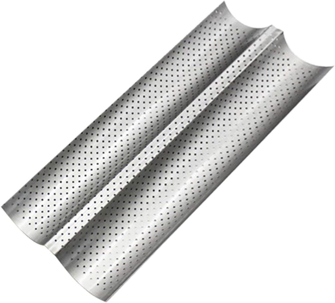 2 Grooves Wave French Bread Baking Tray Carbon Steel Mold Non-Stick Perforated Baking Tool for Baguette Bake Pan(Color:Silver)