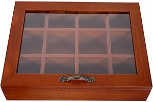 Kichvoe Decorative Tea Bag Storage Box - Wooden Coffee Station Sugar Organizer - 12-Compartment Bar Boxes Tea Chest with Clea