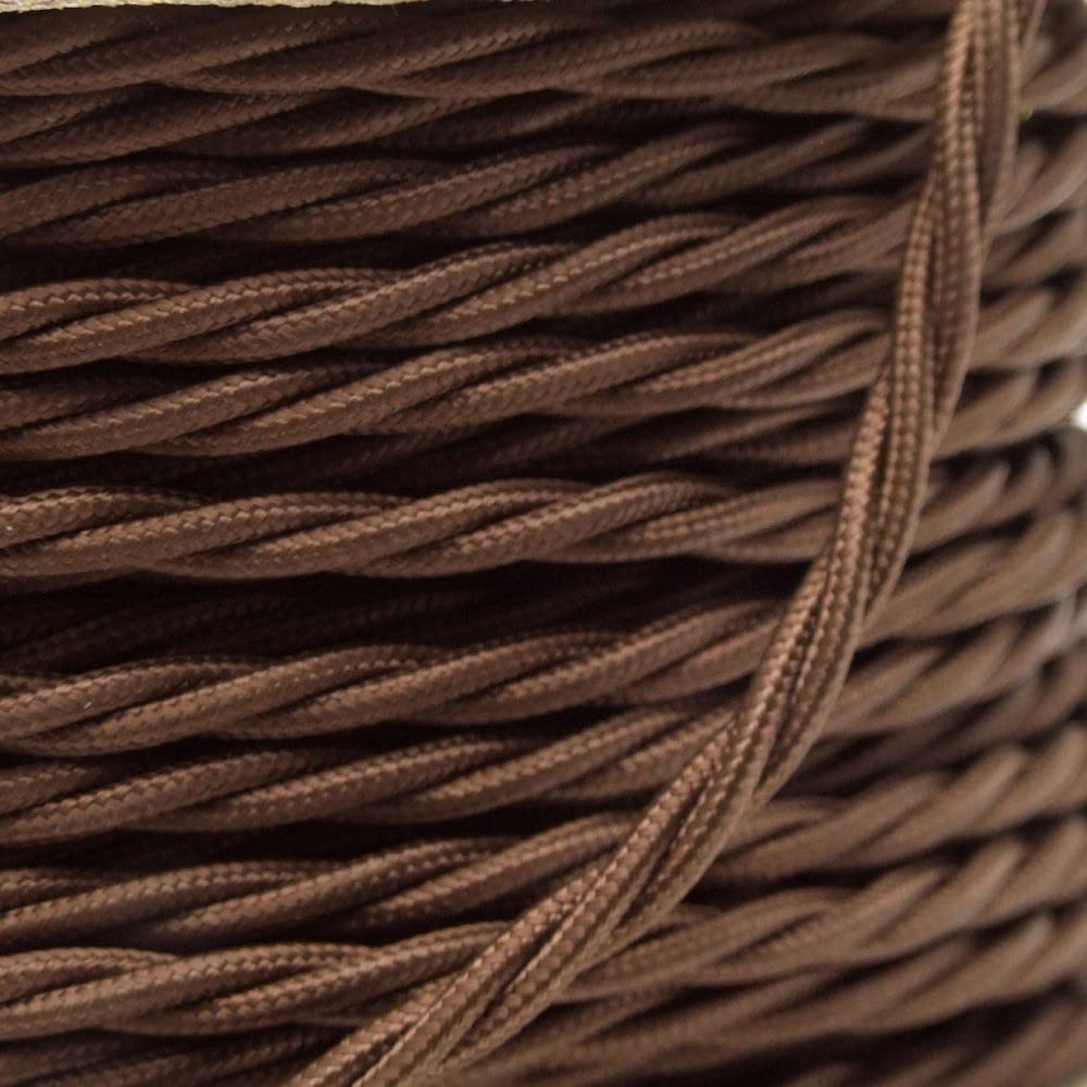 Art Deco Emporium PRE-CUT 3 Meter Length Vintage Styled British Mocha Brown Coloured Cloth Covered Braided Twist Flex - Electric Cable 3 Core; Electrical Wire 6Amp; Lighting Flex 0.75mm