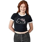 Hello Kitty Character Face Outline Crew Neck Short Sleeve Women's Black Crop Top Baby Tee