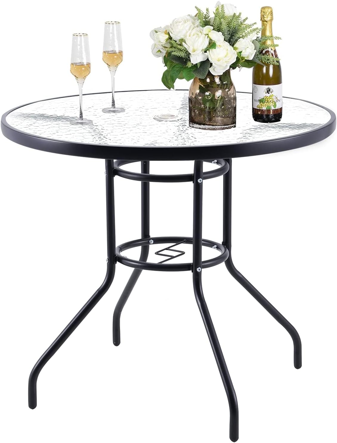 Outdoor Patio Table, 32'' Round Bistro Table with Tempered Glass Table Top and Umbrella Hole Steel Frame Outdoor Furniture Party Conversation Coffee Table for Garden Backyard Balcony Lawn: Kitchen & Dining