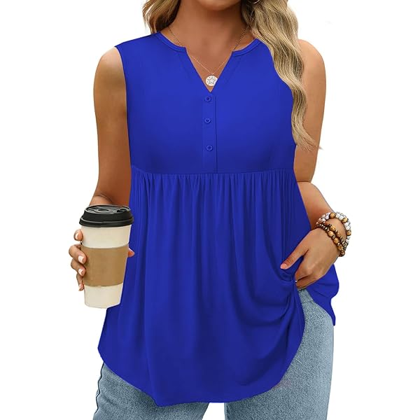 SHIJIALI Women's Plus Size Henley Tank Top - V-Neck Sleeveless Flowy Blouse For Summer