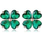 Reffeer Solid 925 Sterling Silver Four Leaves Clover Earrings Studs for Women Teen Girls Heart Cut Green CZ Clover Studs Earrings Leaf