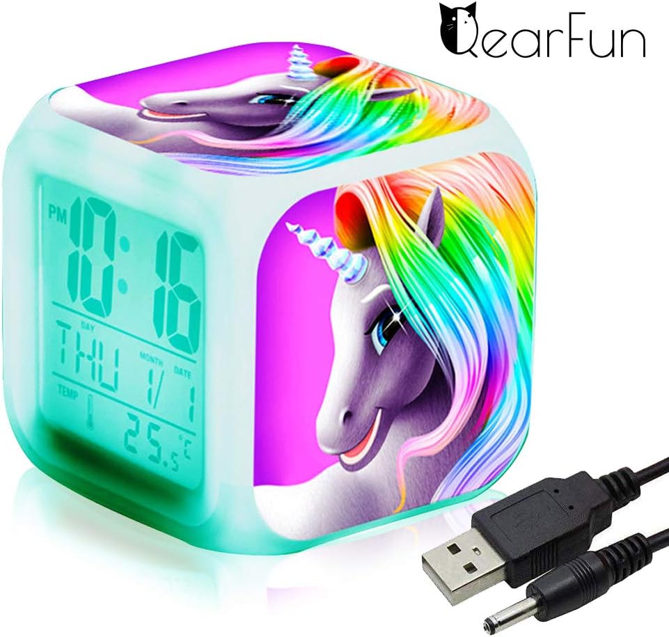 Unicorn Digital Alarm Clocks for Girls, LED Night Glowing Cube LCD Clock with Light Children Wake Up Bedside Clock Birthday Gifts for Kids Women Adult Bedroom (Lad unicorn 1)