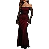 paloli Off Shoulder Mesh Long Sleeve Bodycon Maxi Dress, Burgundy Ruched Tube Top Evening Dress with Sheer Flare Sleeves