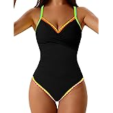 EVOCRCO Women's One Piece Swimsuits Tummy Control V Neck Bathing Suit Tie Back Push Up Swim Suit Shell Stitched Swimwear