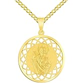 Jewelry America 14k Yellow Gold Round Open Ornate Miraculous Medal of Saint Jude Thaddeus the Apostle Pendant Cuban Chain Curb Necklace
