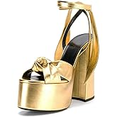 Goolita Metallic Lace Up Chunky Heel Platform Heels For Women Open Toe Slingback Ankle Strap Heeled Sandals Bow Sexy Fashion Evening Party Shoes
