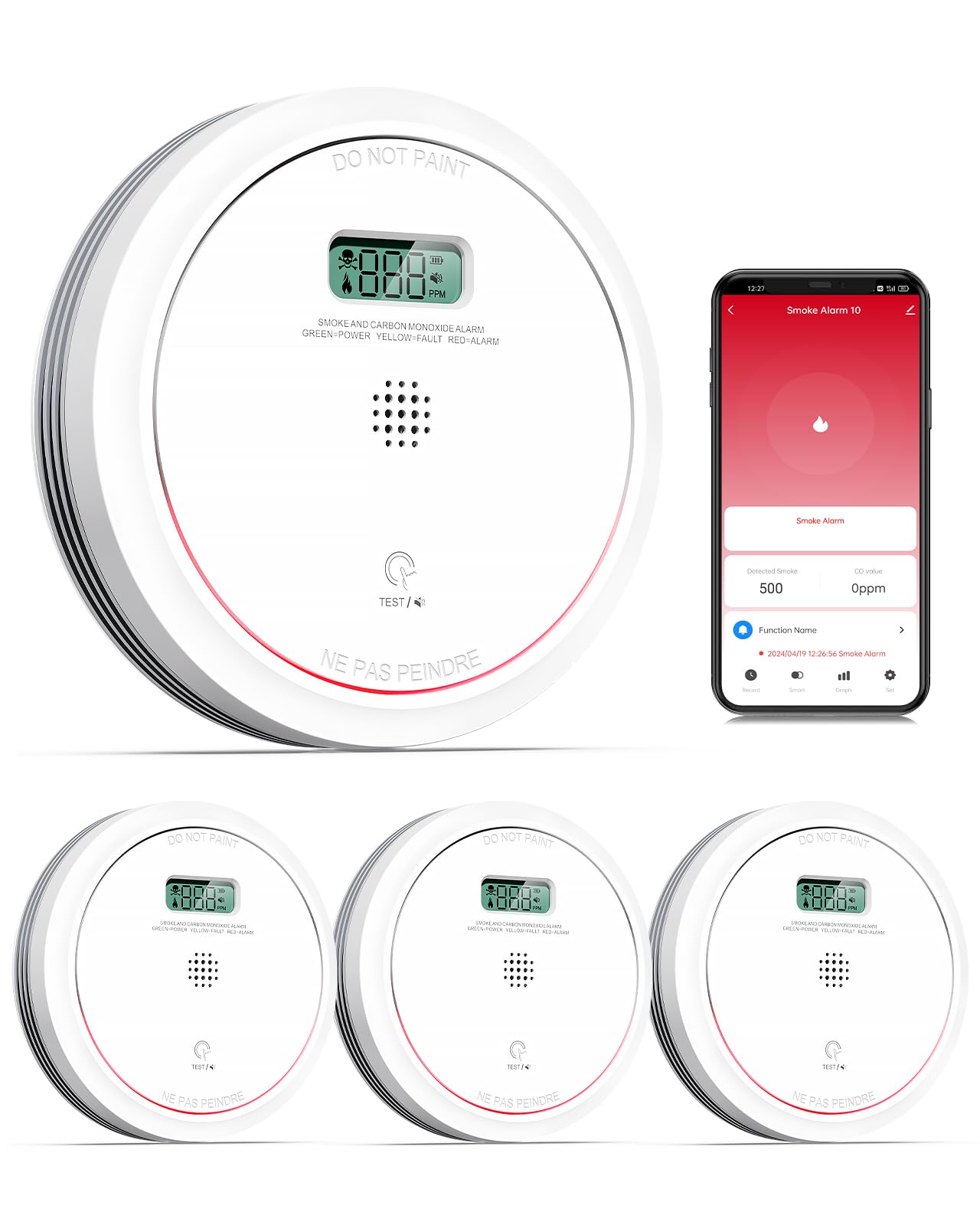 Photo 1 of *** FACTORY SEAL***

Wi-Fi Smoke Detector Carbon Monoxide Detector Combo with Replaceable Battery, Smart Smoke and CO Detector with LCD Display, 4 Packs