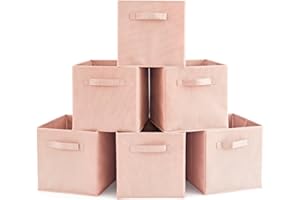 EZOWare Set of 6 Foldable Fabric Basket Bins, 10.5"x10.5"x11" Collapsible Storage Organizer Cube with Handle for Kids Clothes Baby Nursery - Pale Dogwood