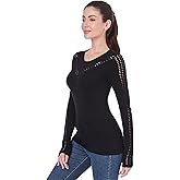 AmélieBoutik Women Crew Neck Eyelet Trim Long Sleeve Knit Top Sweater