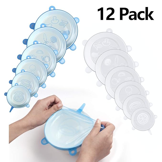 Rozeda Silikondeckel, Dehnbar Silikondeckel,12-Pack in Verschiedenen Größen Silikon Stretch Deckel,Dehnbare Frischhalte Silik