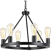 9MMML Black Wagon Wheel Chandelier, 6-Light Industrial Pendant Light, 20'' Farmhouse Ceiling Hanging Chandelier Light Fixture