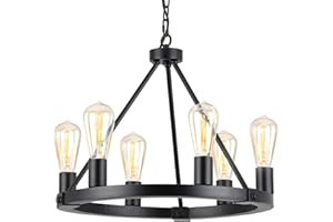 9MMML Black Wagon Wheel Chandelier, 6-Light Industrial Pendant Light, 20'' Farmhouse Ceiling Hanging Chandelier Light Fixture for Living Room, Bedroom, Entryway, Foyer