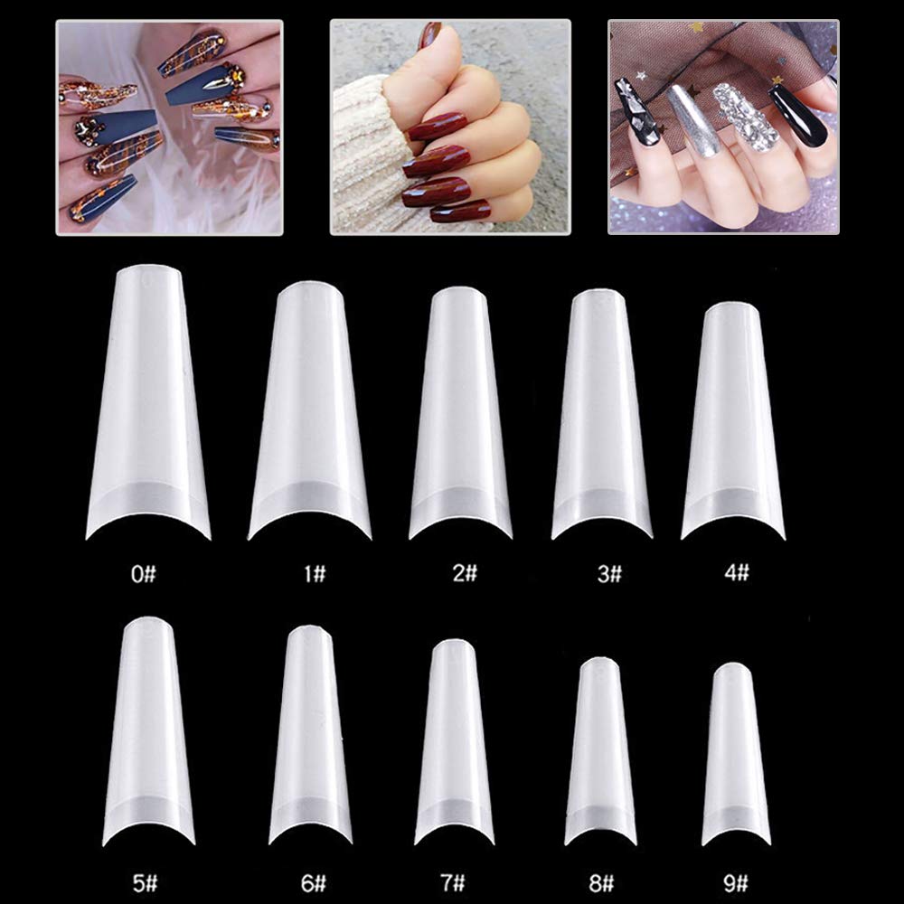 Mwoot 500Pcs Coffin Ballerina Fake Nail Tips Set, Full Cover French Acrylic False Nails Half Tips for Nail DIY Salon Manicure Extension, 10 Sizes (Natural)