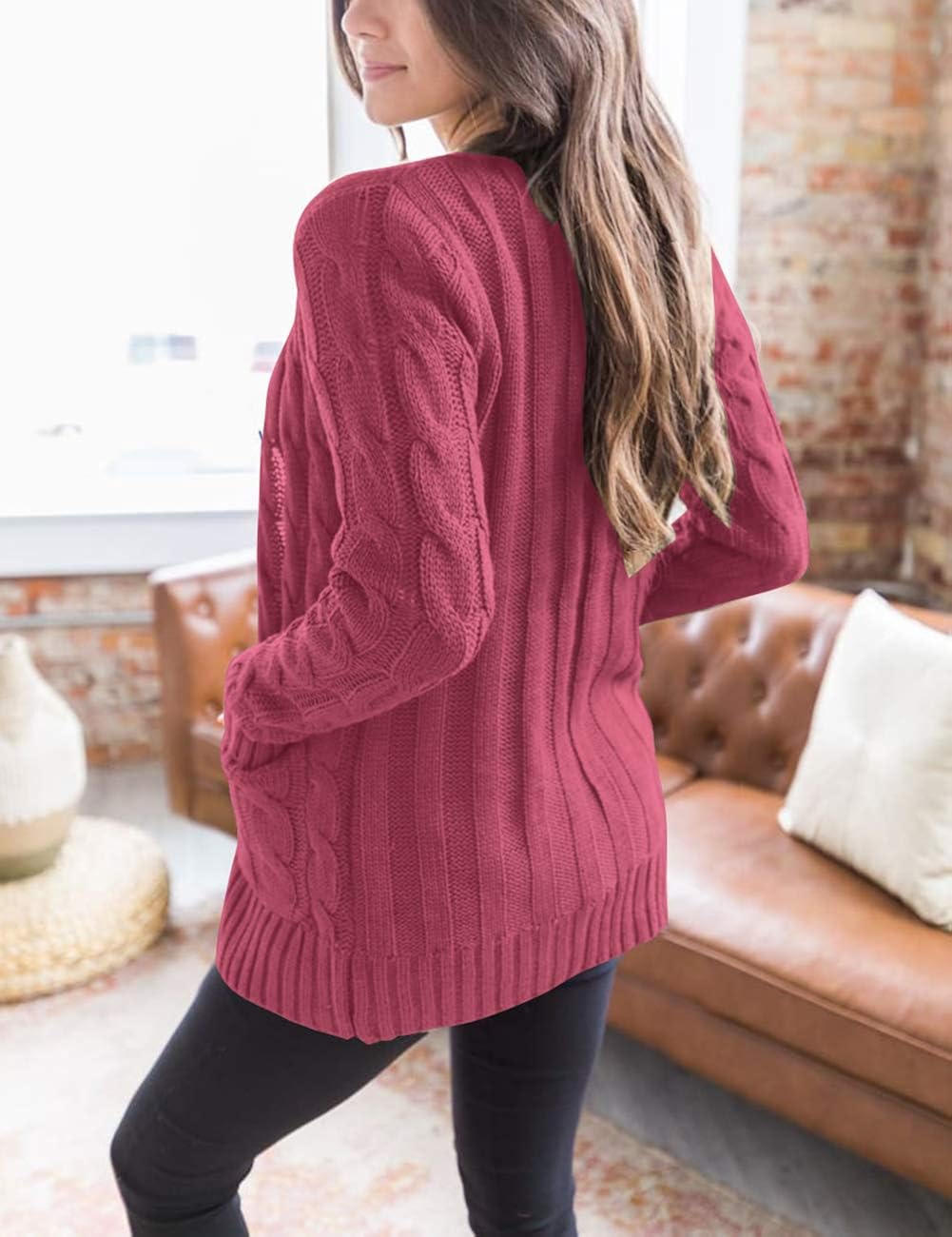 MEROKEETY Women's Long Sleeve Cable Knit Sweater Open Front Cardigan Button Loose Outerwear at  Women’s Clothing store