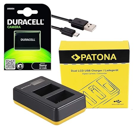 2in1-SET Akku + Ladegerät für die Sony Alpha 6000 6300 6500 | Duracell Ersatzakku für Sony NP-FW50 | PATONA Ladeschale für bi