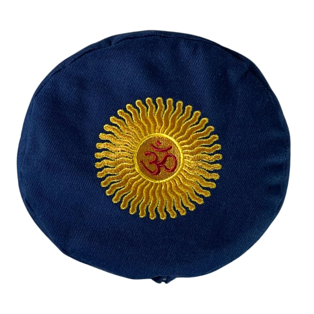 Round Buckwheat Hull-Filled Yoga Bolster with Embroidered Cotton Cover, 63 × 23 cm (Ocean Blue, Sun & Om Em, One Size)