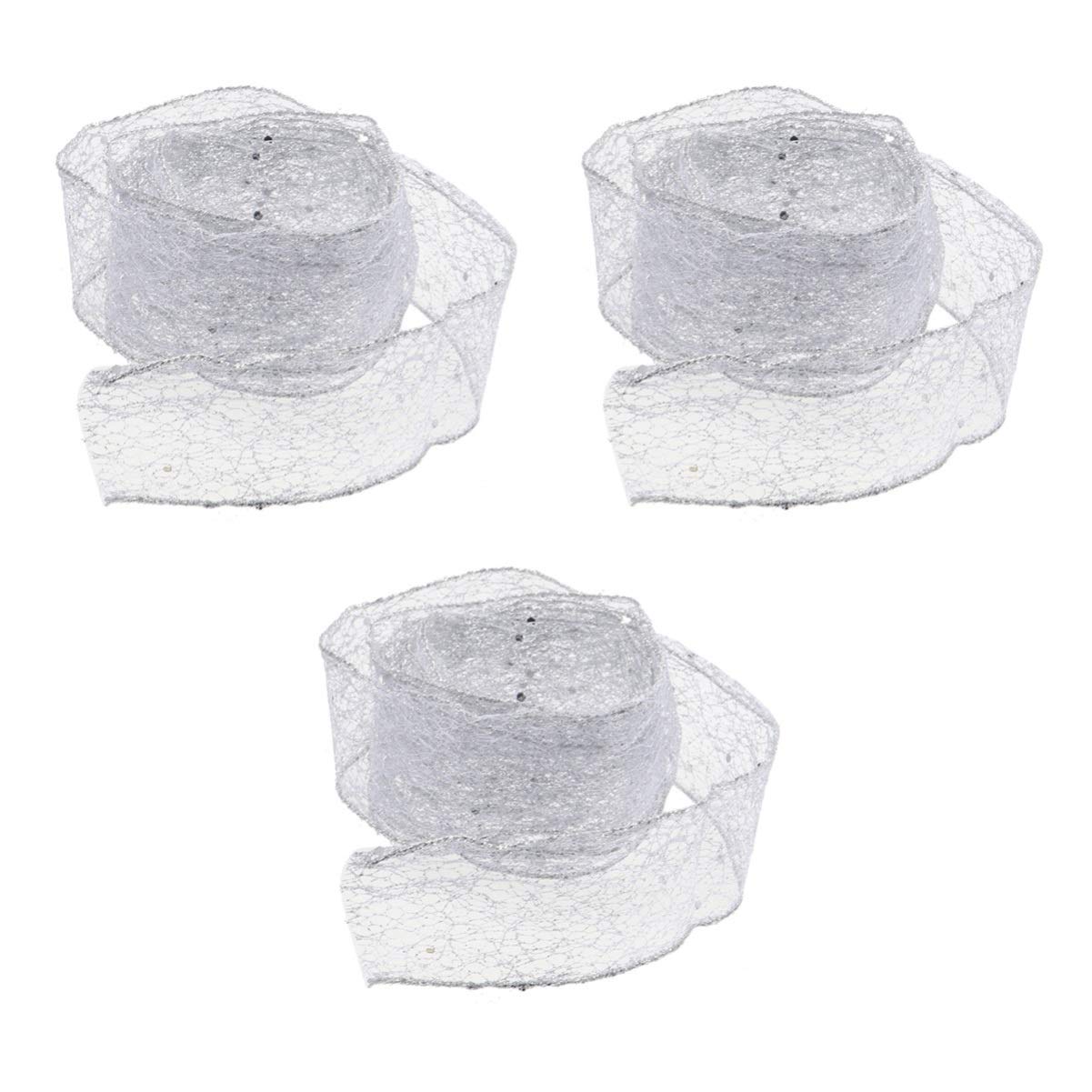 Christmas Wire Ribbon Gift Ribbon Wired Silver Edged Organza Sheer Glitter for Home Shop Bar Decoration 3pcs 2m