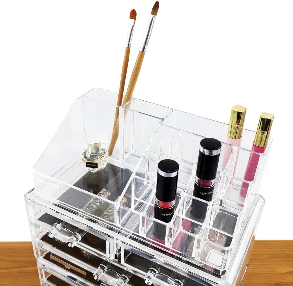 Ikee Design Cosmetics Makeup and Jewelry Storage Case Display for Lipstick, Nail Polish, and Makeup Brushes, Cosmetic Jewelry Organizer Makeup Holder, Cosmetic Organizer for Vanity, Clear: Home & Kitchen