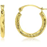 14K Yellow Gold 2x15mm Small Textured Designed Lightweight Huggie Hoop Earrings