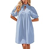 YEXPINE Women's Ruffle Collar High Neck Mini Dress Puff Short Sleeve Cotton Babydoll Peplum Dresses with Pockets