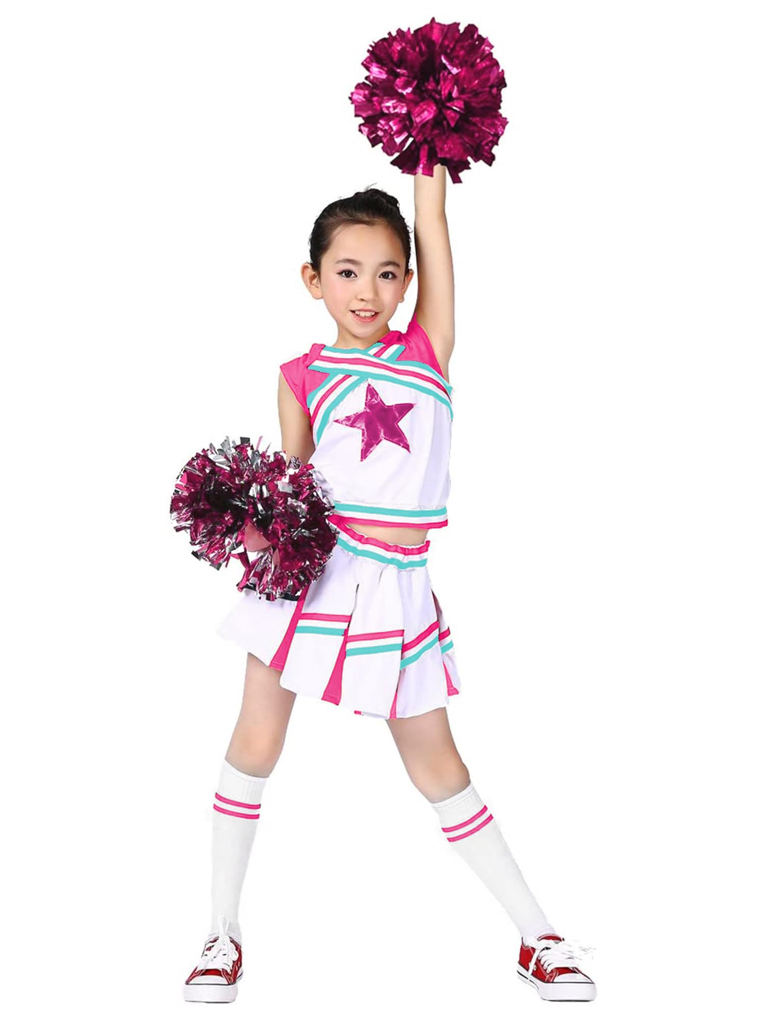 LOLANTA Girls' Cheerleading Costumes with Pompoms and Socks, Kids Halloween Fancy Dress Up, Cheerleader Outfit, pink, 4-5 Years, 110 — image 1