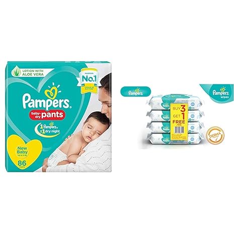 Pampers New Diapers Pants, New Baby, 86 Count & Pampers Fresh Clean Baby Wipes - 64 Wipes/Pack (Buy 3 Packs Get 1)