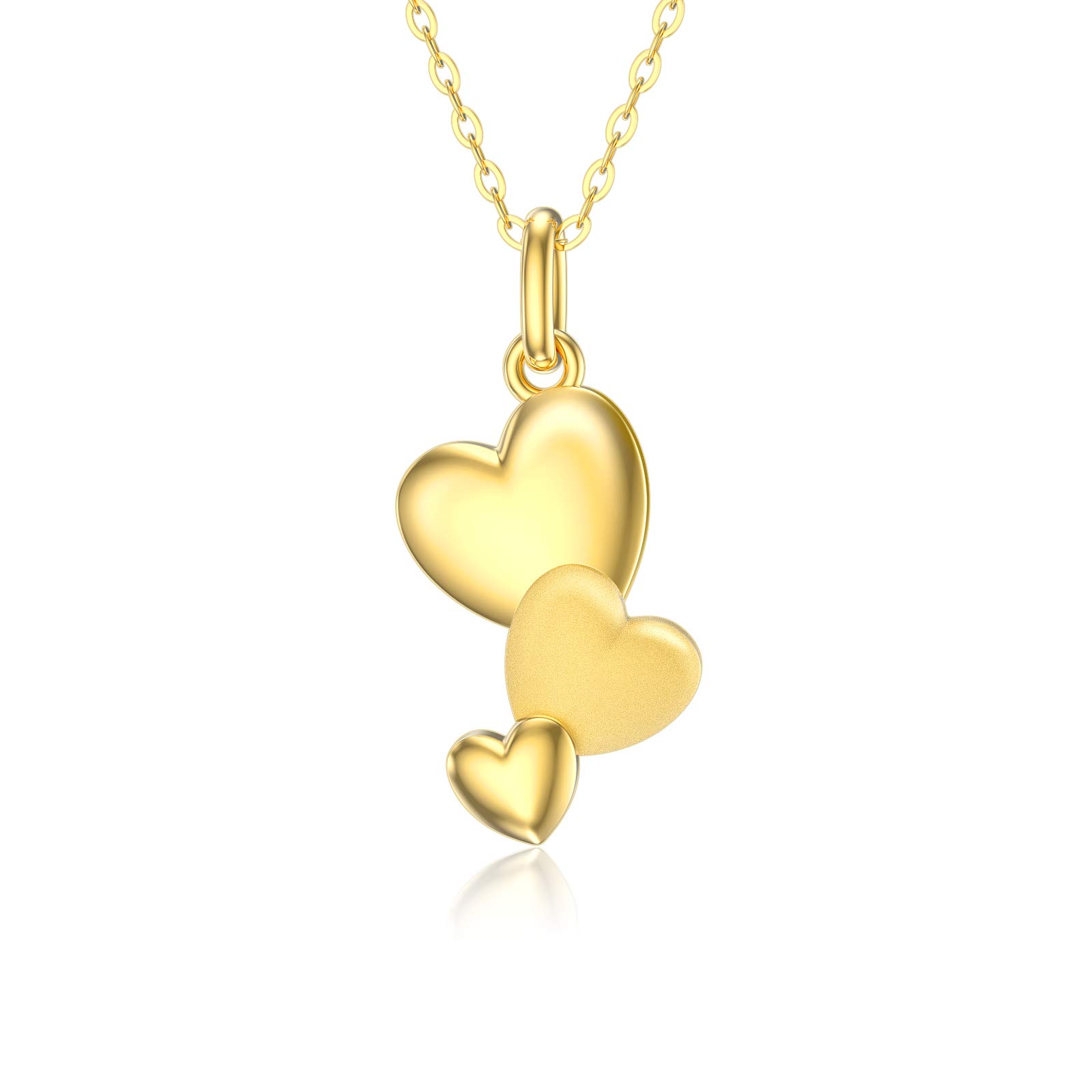 SISGEM 9 ct Gold Heart Necklace, Solid Yellow Gold Three Solid Heart Pendant Necklace, for Women Girls Ladies Mum Sisters, 16"+1"+1"