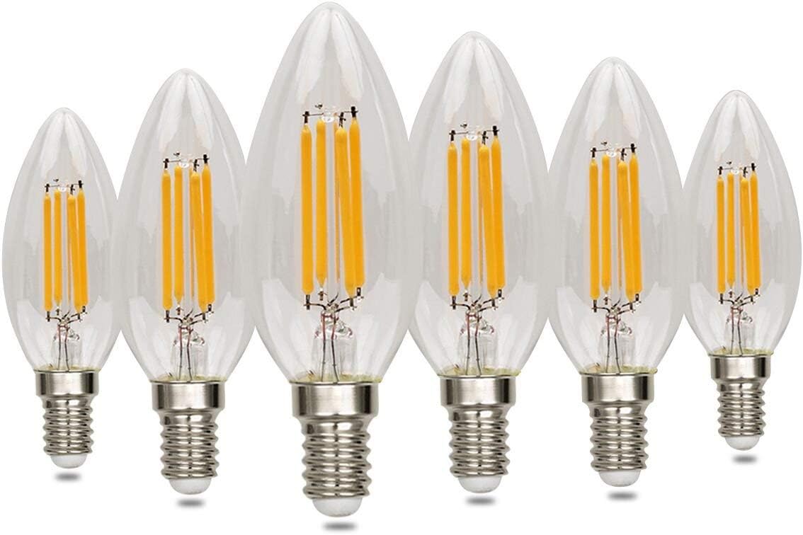 E14 LED Candle Bulbs 4W, 6 Pack Small Edison Screw Light Bulbs,LED Filament Lights, Chandelier Lamp Bulbs,40W Equivalent,Energy Saving [Energy Class A+]