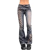 HOXIJIA Women High Waisted Wide Leg Denim Pants Y2K Patterned Baggy Flared Hem Jeans Stretch Bell Bottom Trousers