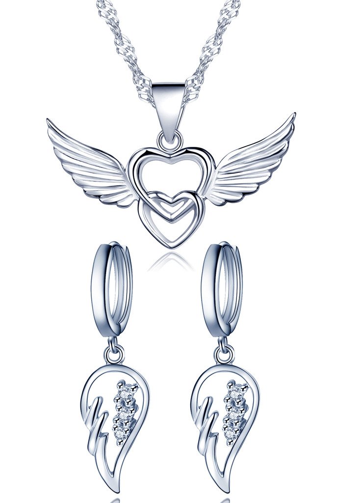 Yumilok Jewelry 925 Sterling Silver Cubic Zirconia Heart Angel Wings Pendant Charm Necklace Earrings Jewelry Set for Women/Girls
