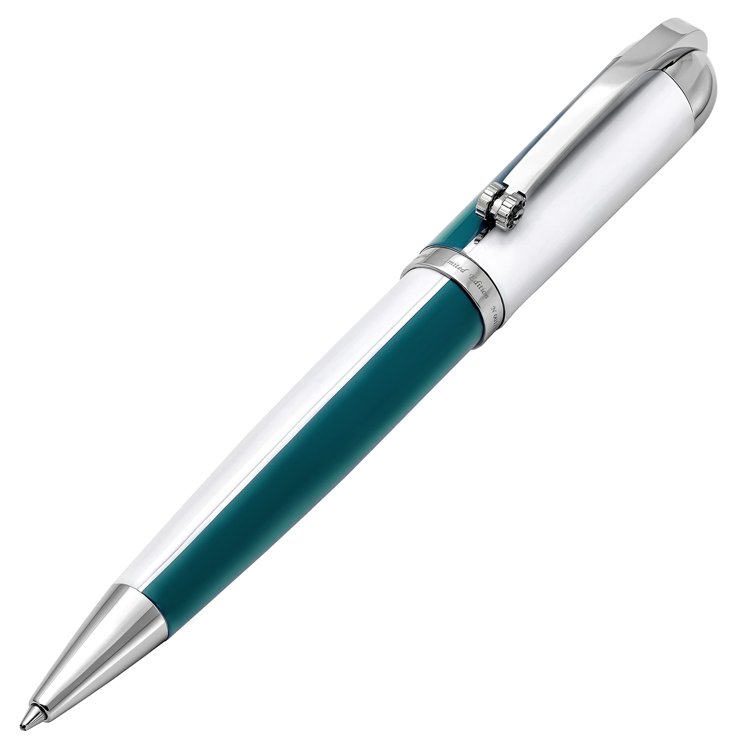 Xezo Visionary Medium Brass and Aluminum Ballpoint Pen, Hand Lacquered in Teal and White Color. Numbered in Limited Edition of 500. Classic Art Deco Color Disposition, Retrofuturistic Body Style