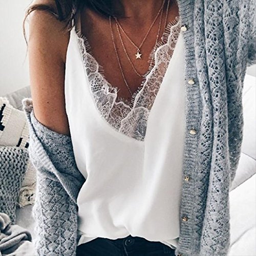 lotus.flower 2018 Womens Chiffon Sexy Lace Vest Fashion V-Neck Cotton Sleeveless T-Shirt (XL, White) - Thumbnail 2
